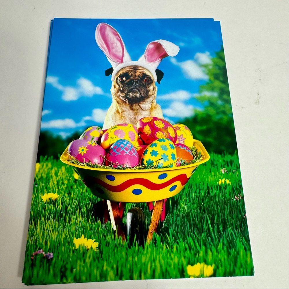 4 Avanti Greeting cards - dog pug in bunny ears with wheel barrel of Easter eggs